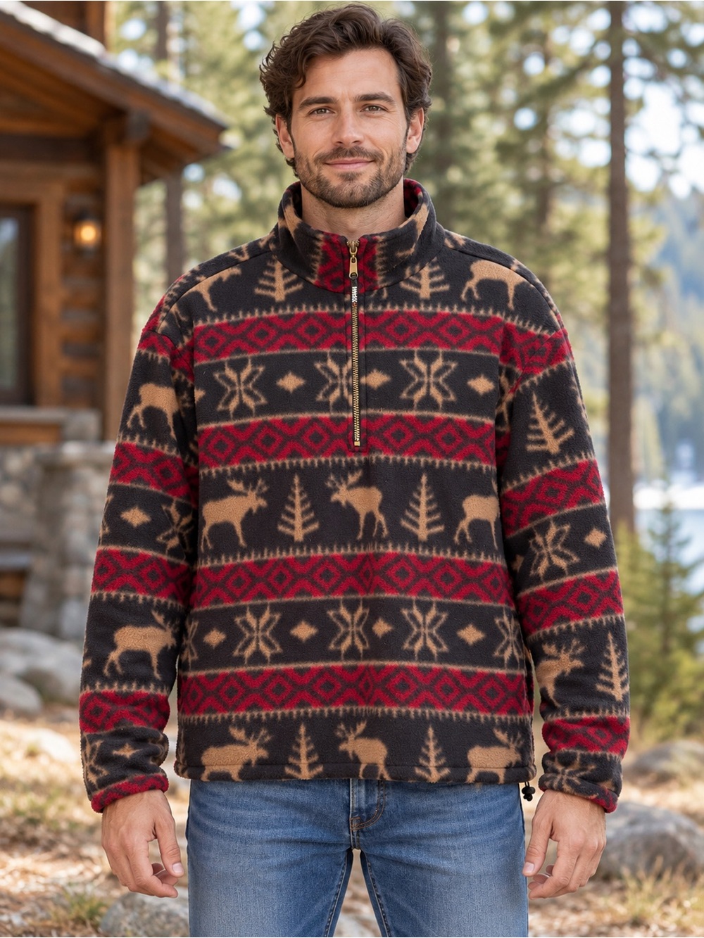 Men's Red & Black Woodland-Print Half-Zip Fleece Pullover